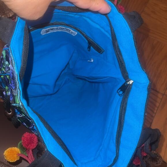 Embroidered pom pom Blue and Green Tote Bag - Picture 8 of 10